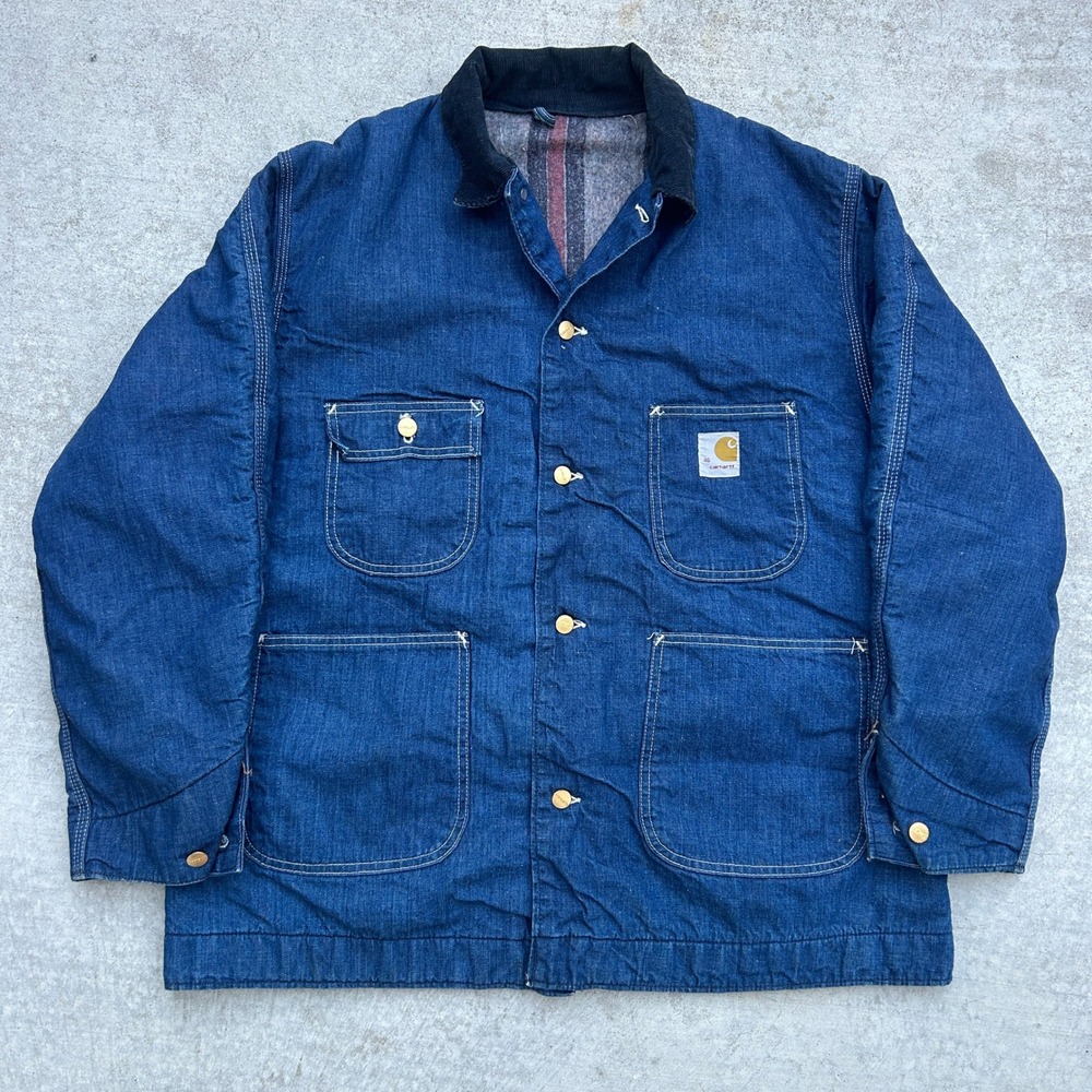 Vintage Carhartt Chore Coat 46 Blue Denim 70s Blanket Lined Workwear Jacket USA